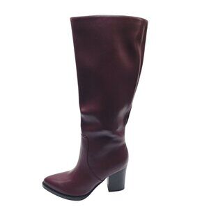 Womens Burgundy Knee-High Heeled Boots 6.5 Faux Leather Side Zipper Block Heel